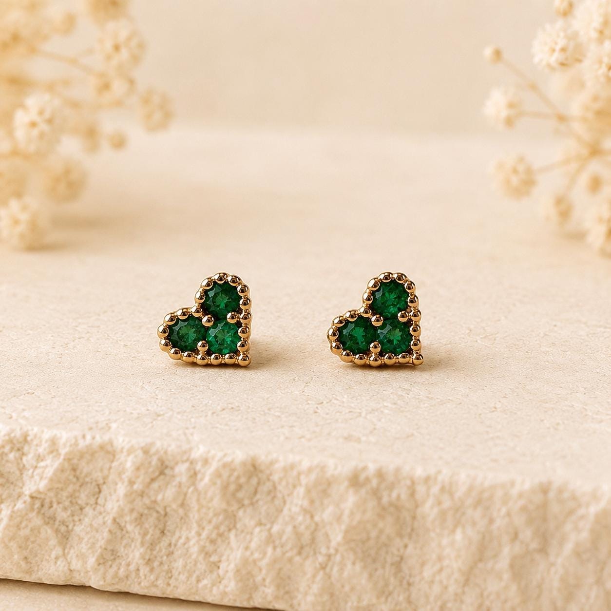 Emerald Heart Earrings, 14K Yellow Gold Natural Emerald Studs, Three Stone Heart Studs, May Birthstone Gift for Her