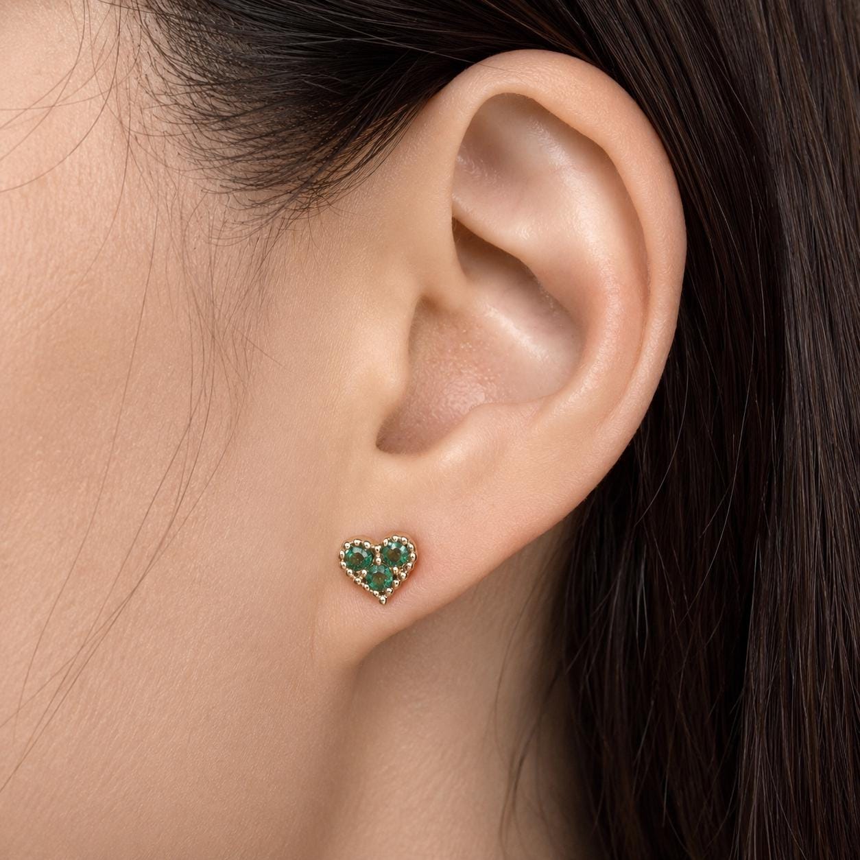 Emerald Heart Earrings, 14K Yellow Gold Natural Emerald Studs, Three Stone Heart Studs, May Birthstone Gift for Her