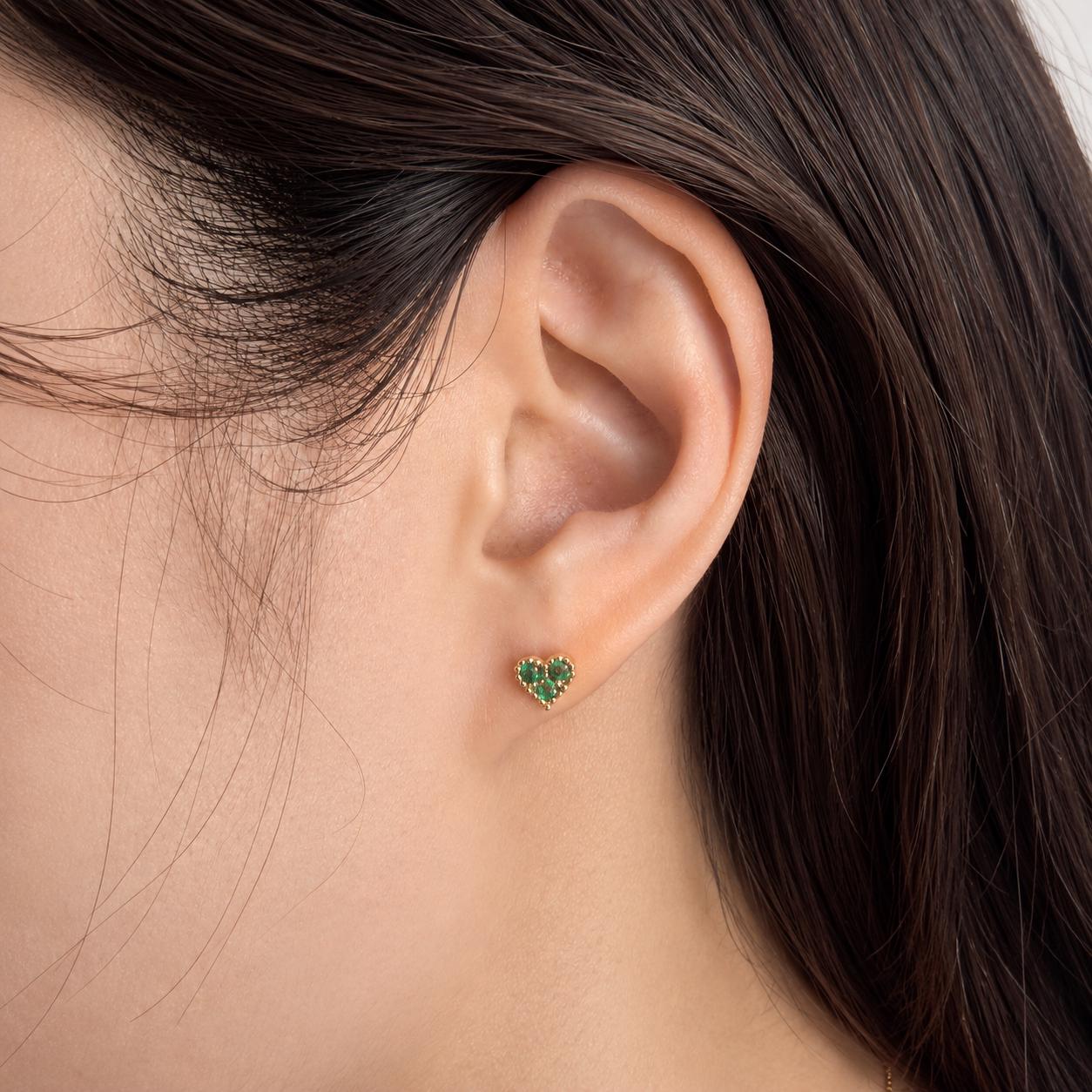 Emerald Heart Earrings, 14K Yellow Gold Natural Emerald Studs, Three Stone Heart Studs, May Birthstone Gift for Her