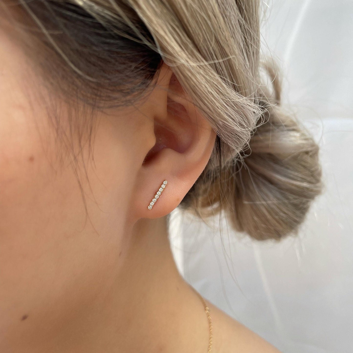 14K Solid Gold Bar Diamond Studs