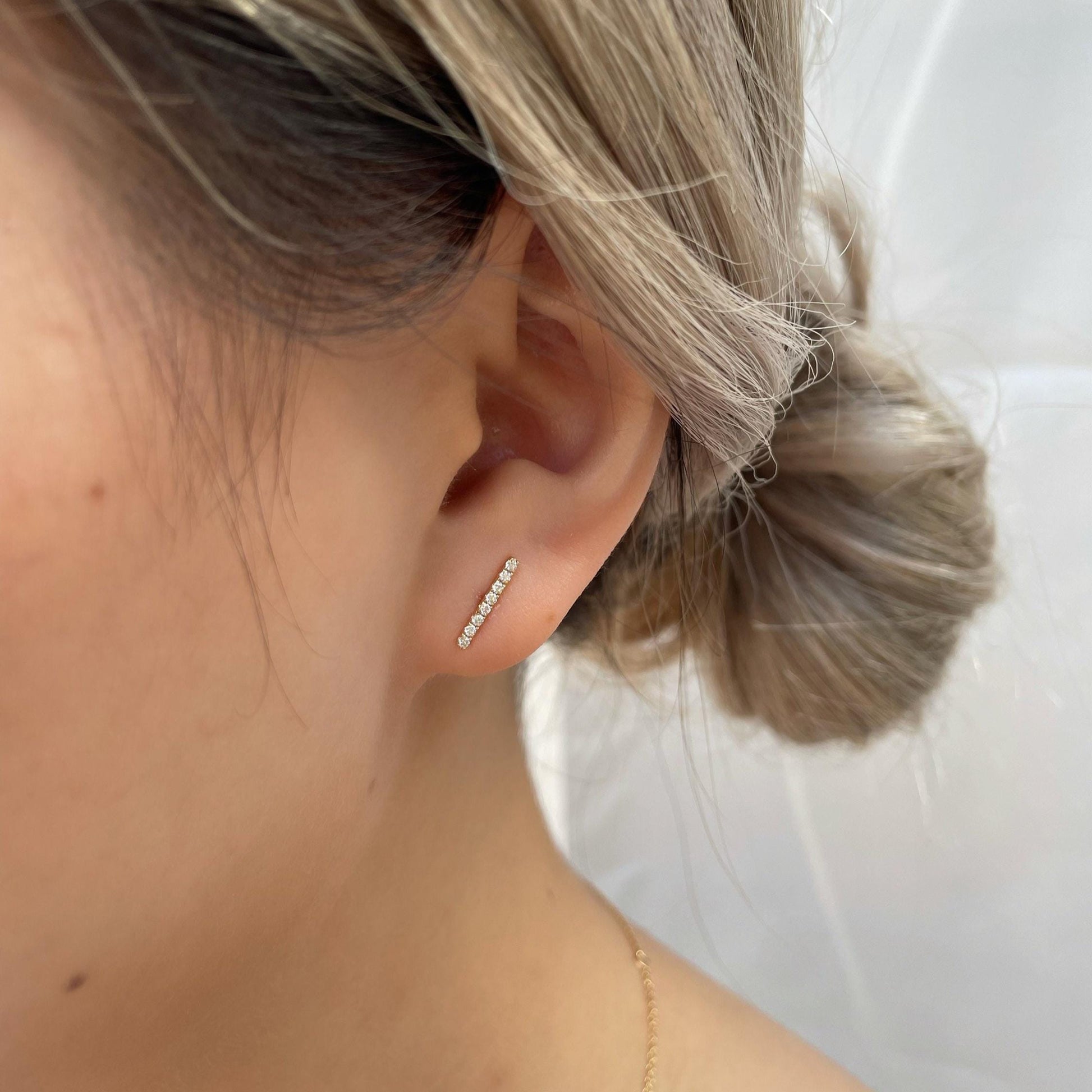 14K Solid Gold Bar Diamond Studs