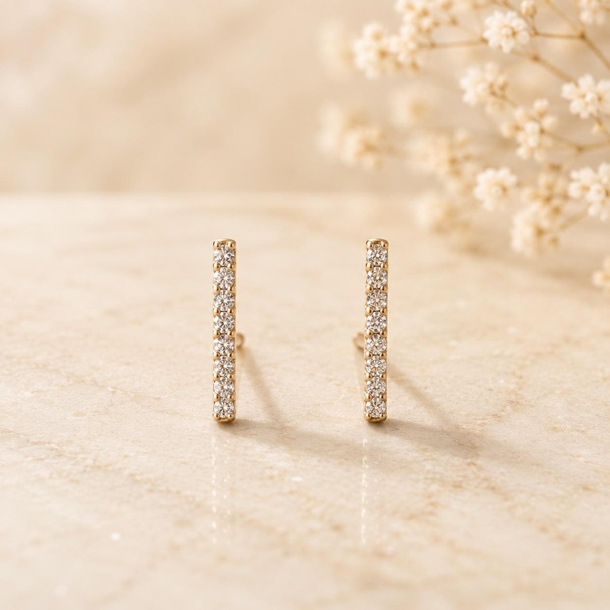 14K Solid Gold Bar Diamond Studs