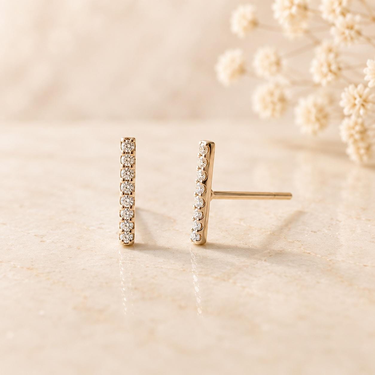 14K Solid Gold Bar Diamond Studs