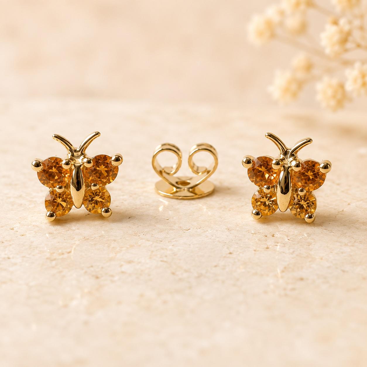 14K Solid Gold Genuine Orange Sapphire Butterfly Studs/Pair
