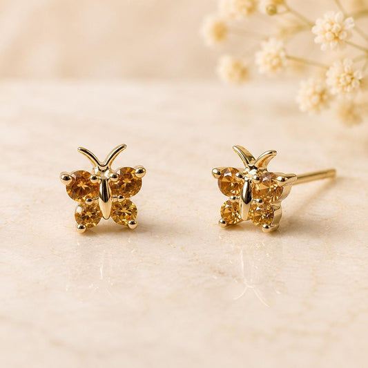 14K Solid Gold Genuine Orange Sapphire Butterfly Studs/Pair