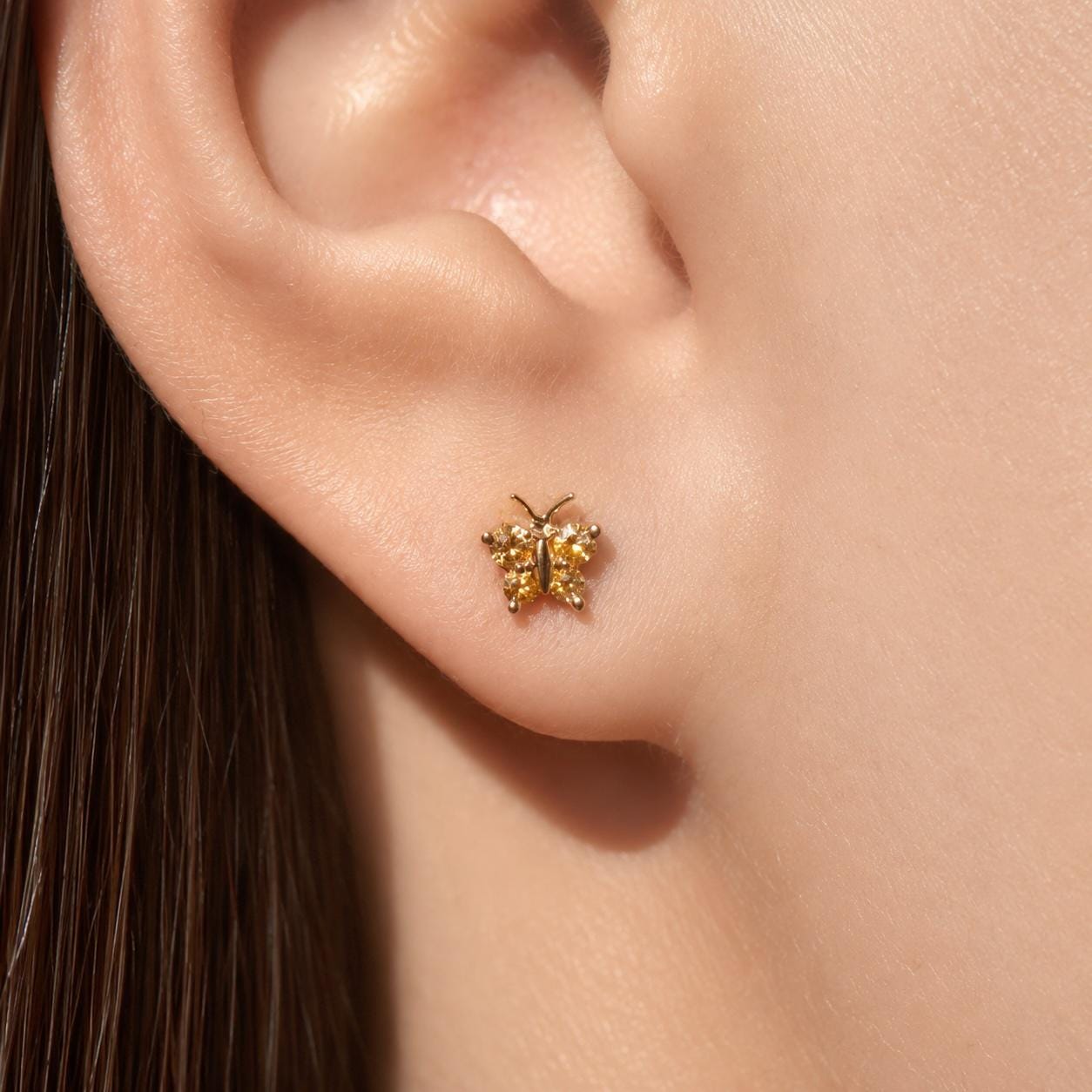 14K Solid Gold Genuine Orange Sapphire Butterfly Studs/Pair
