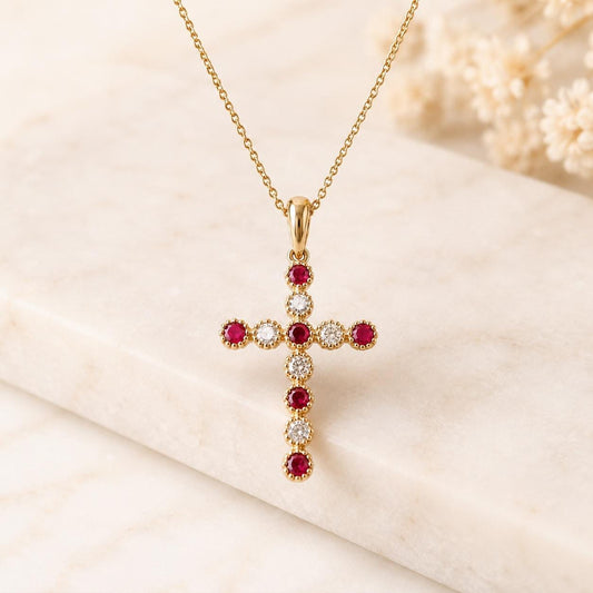 14K Solid Gold Natural Ruby Diamond Cross Necklace, Genuine Ruby Cross, July Birthstone Gift