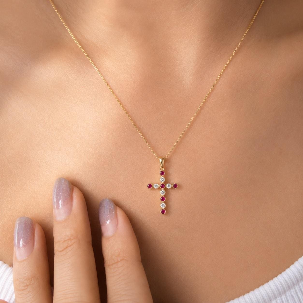 14K Solid Gold Natural Ruby Diamond Cross Necklace, Genuine Ruby Cross, July Birthstone Gift