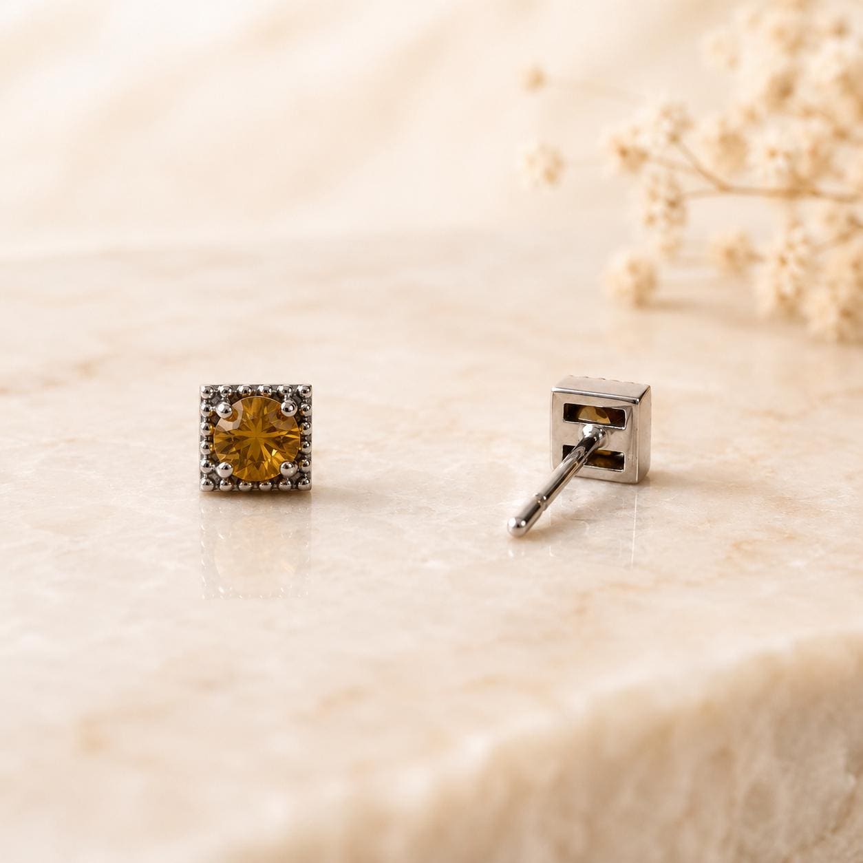 18K Solid Gold Yellow Sapphire Stud Earrings | Genuine Sapphire Earrings | September Birthstone | 4mm Square Studs | Fine Jewelry Gift