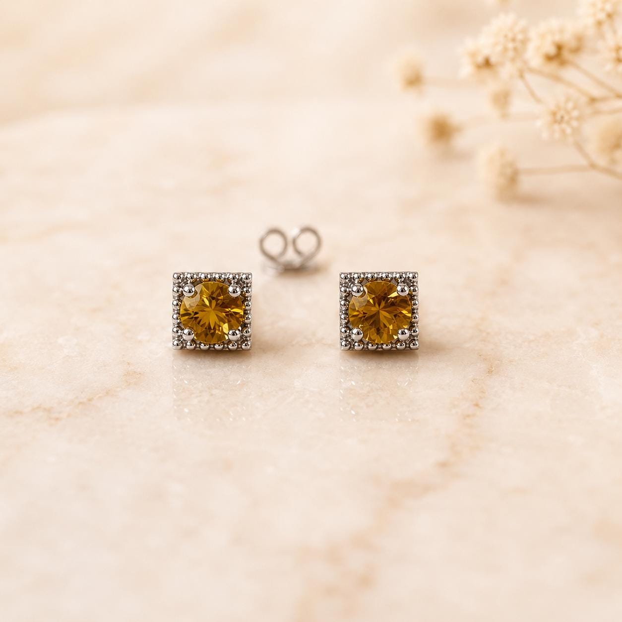 18K Solid Gold Yellow Sapphire Stud Earrings | Genuine Sapphire Earrings | September Birthstone | 4mm Square Studs | Fine Jewelry Gift