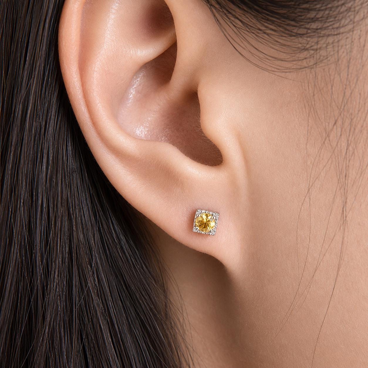 18K Solid Gold Yellow Sapphire Stud Earrings | Genuine Sapphire Earrings | September Birthstone | 4mm Square Studs | Fine Jewelry Gift