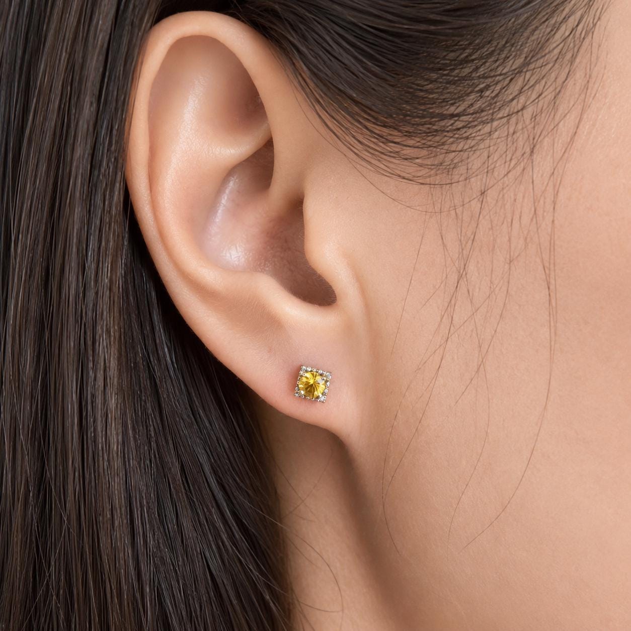 18K Solid Gold Yellow Sapphire Stud Earrings | Genuine Sapphire Earrings | September Birthstone | 4mm Square Studs | Fine Jewelry Gift