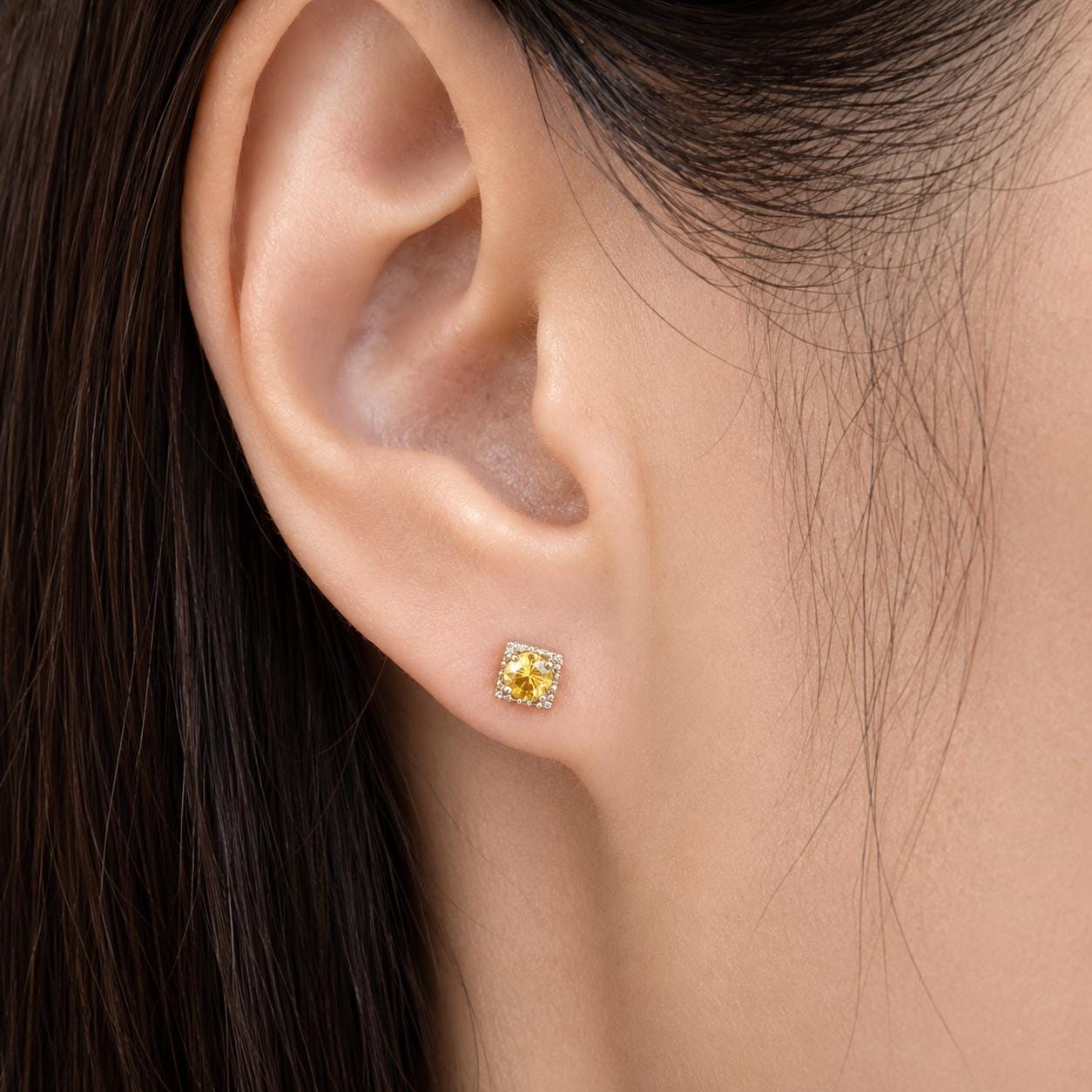 18K Solid Gold Yellow Sapphire Stud Earrings | Genuine Sapphire Earrings | September Birthstone | 4mm Square Studs | Fine Jewelry Gift