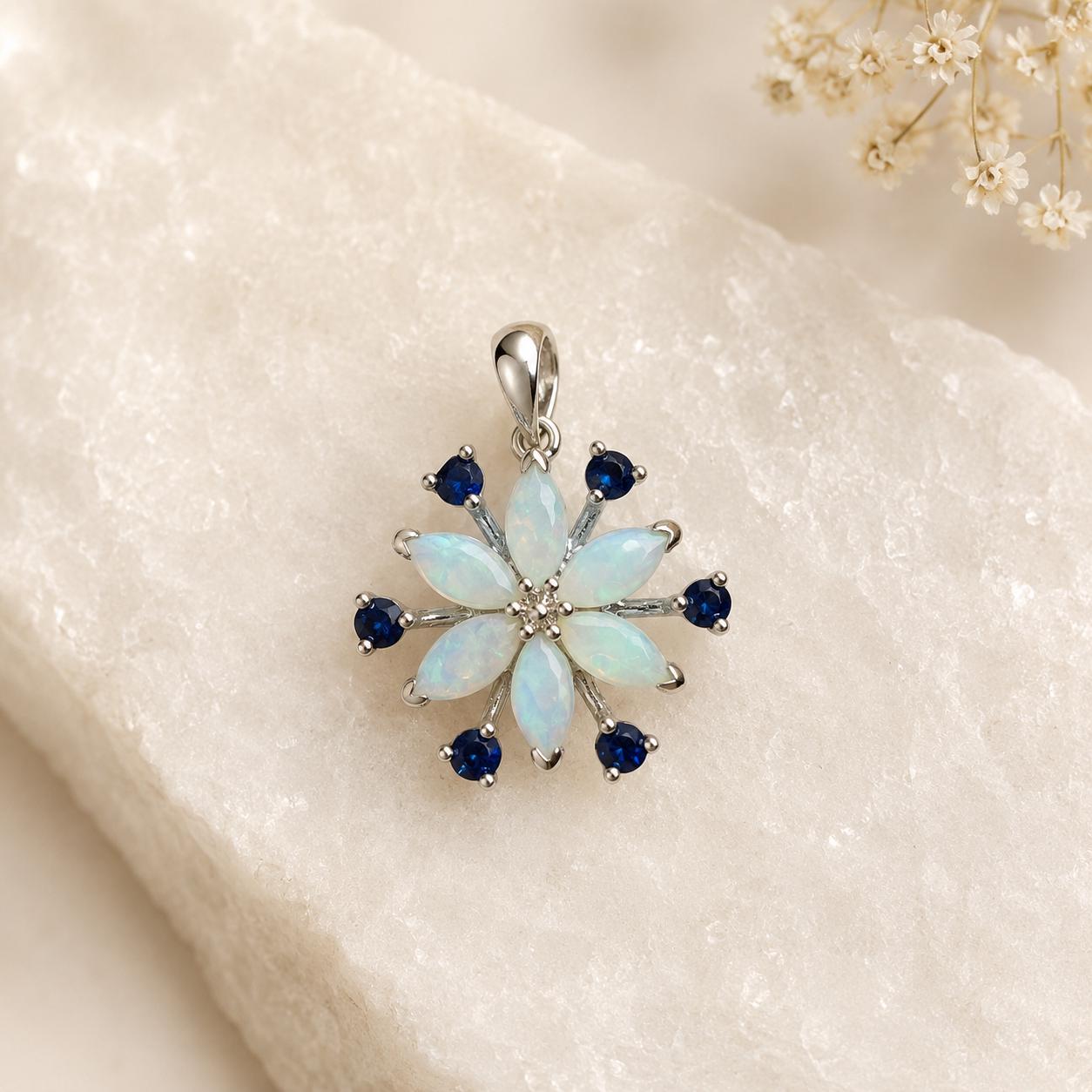 Opal Sapphire Snowflake Necklace, 18K White Gold Genuine Australian Opal Pendant, October Birthstone Gift for Her