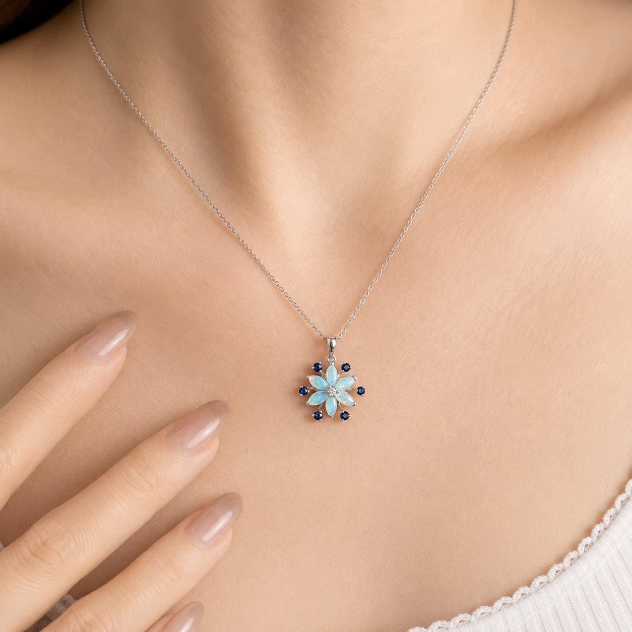 Opal Sapphire Snowflake Necklace, 18K White Gold Genuine Australian Opal Pendant, October Birthstone Gift for Her