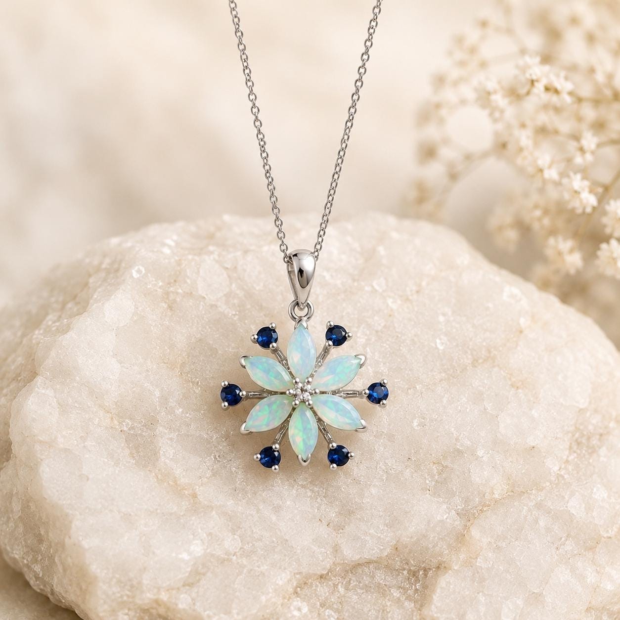 Opal Sapphire Snowflake Necklace, 18K White Gold Genuine Australian Opal Pendant, October Birthstone Gift for Her