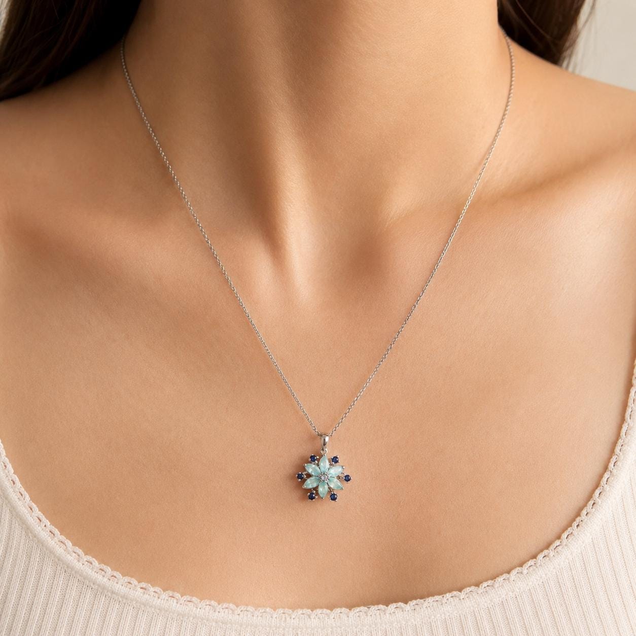 Opal Sapphire Snowflake Necklace, 18K White Gold Genuine Australian Opal Pendant, October Birthstone Gift for Her