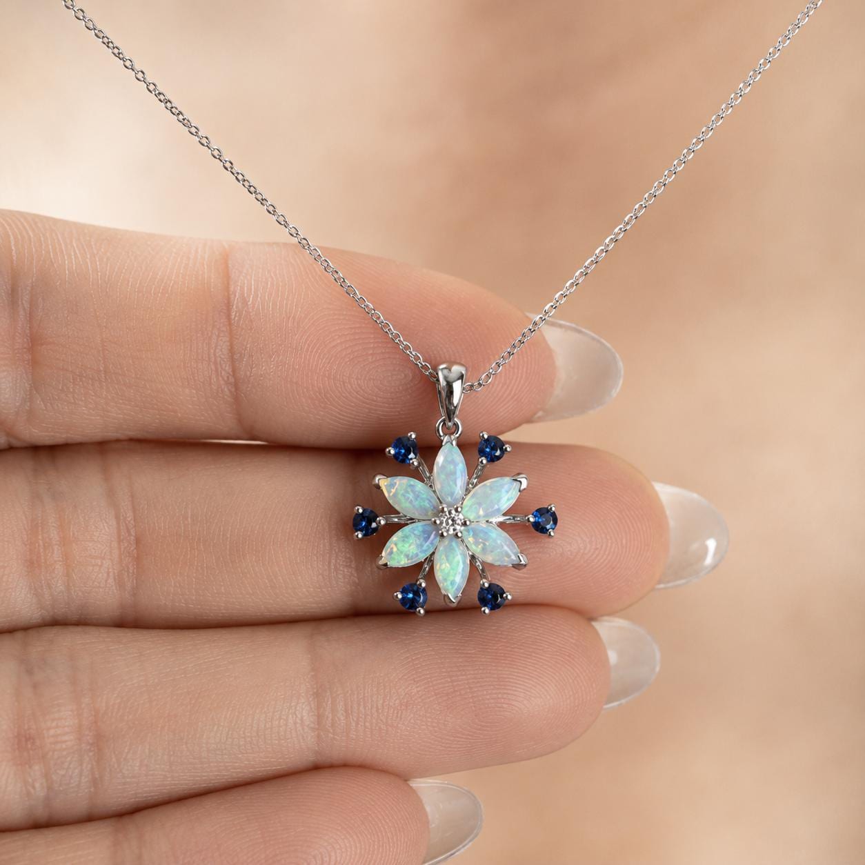 Opal Sapphire Snowflake Necklace, 18K White Gold Genuine Australian Opal Pendant, October Birthstone Gift for Her