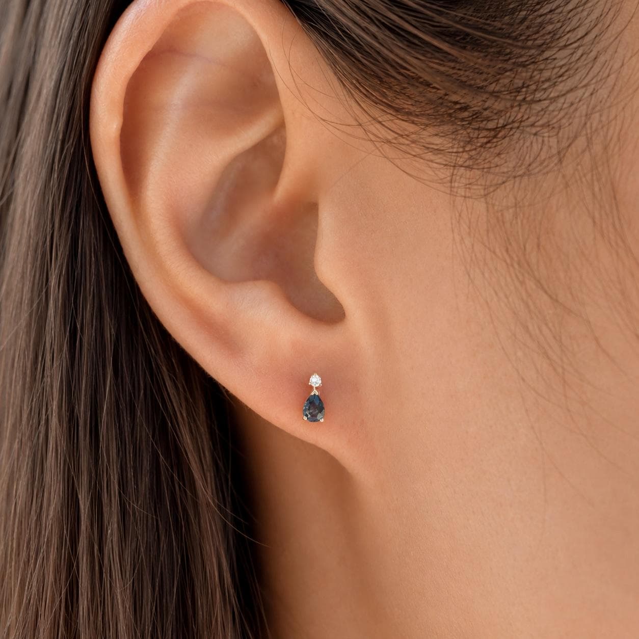 14K Solid Gold Natural Sapphire Diamond Stud Earrings, Genuine Pear Sapphire Drop Studs, September Birthstone Gift