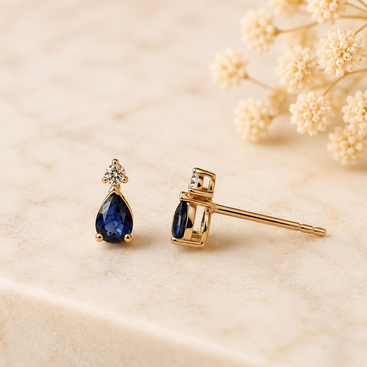 14K Solid Gold Natural Sapphire Diamond Stud Earrings, Genuine Pear Sapphire Drop Studs, September Birthstone Gift
