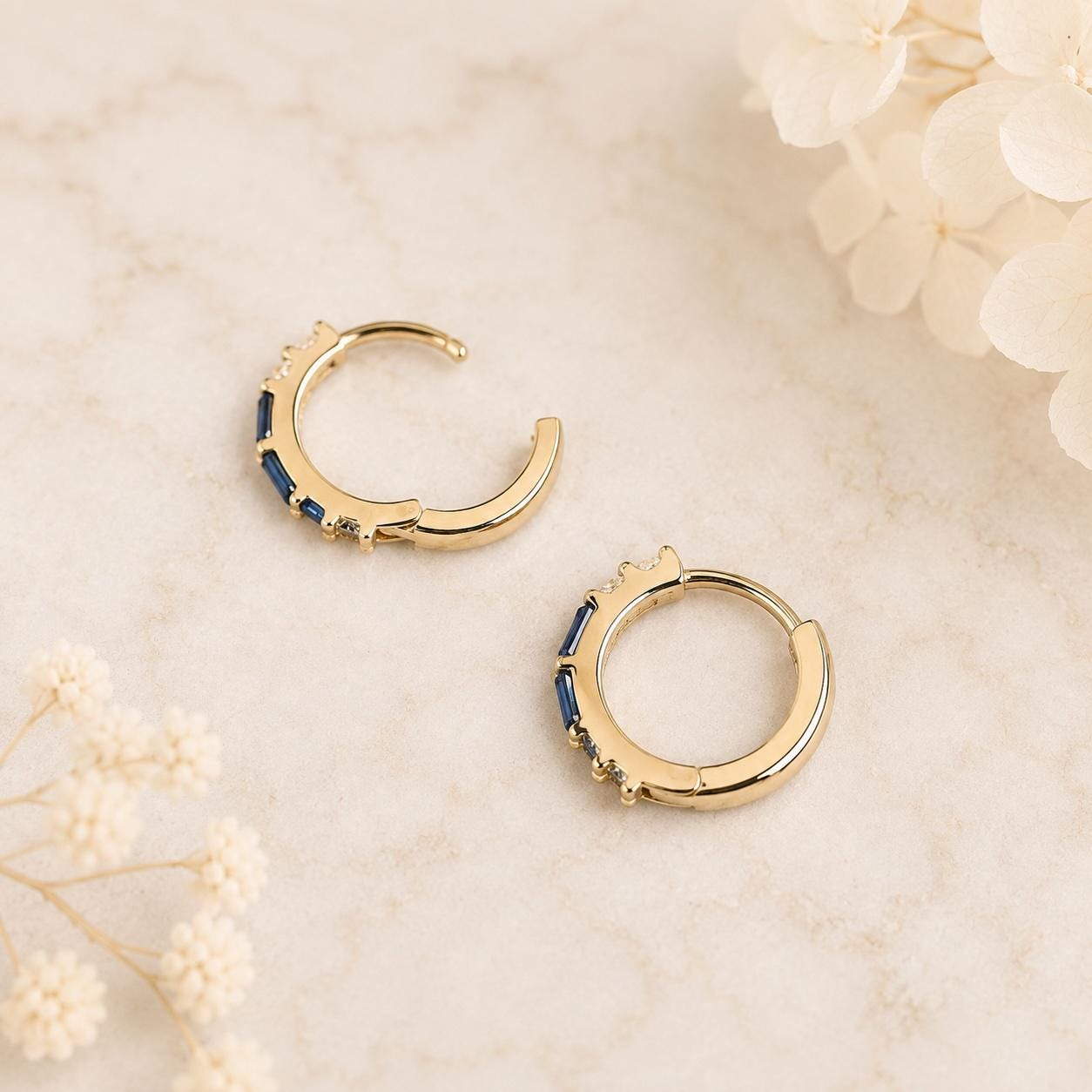 Natural Sapphire Diamond Huggie Hoop Earrings, 14K Solid Gold, Genuine Baguette Sapphire Hoops, September Birthstone Gift