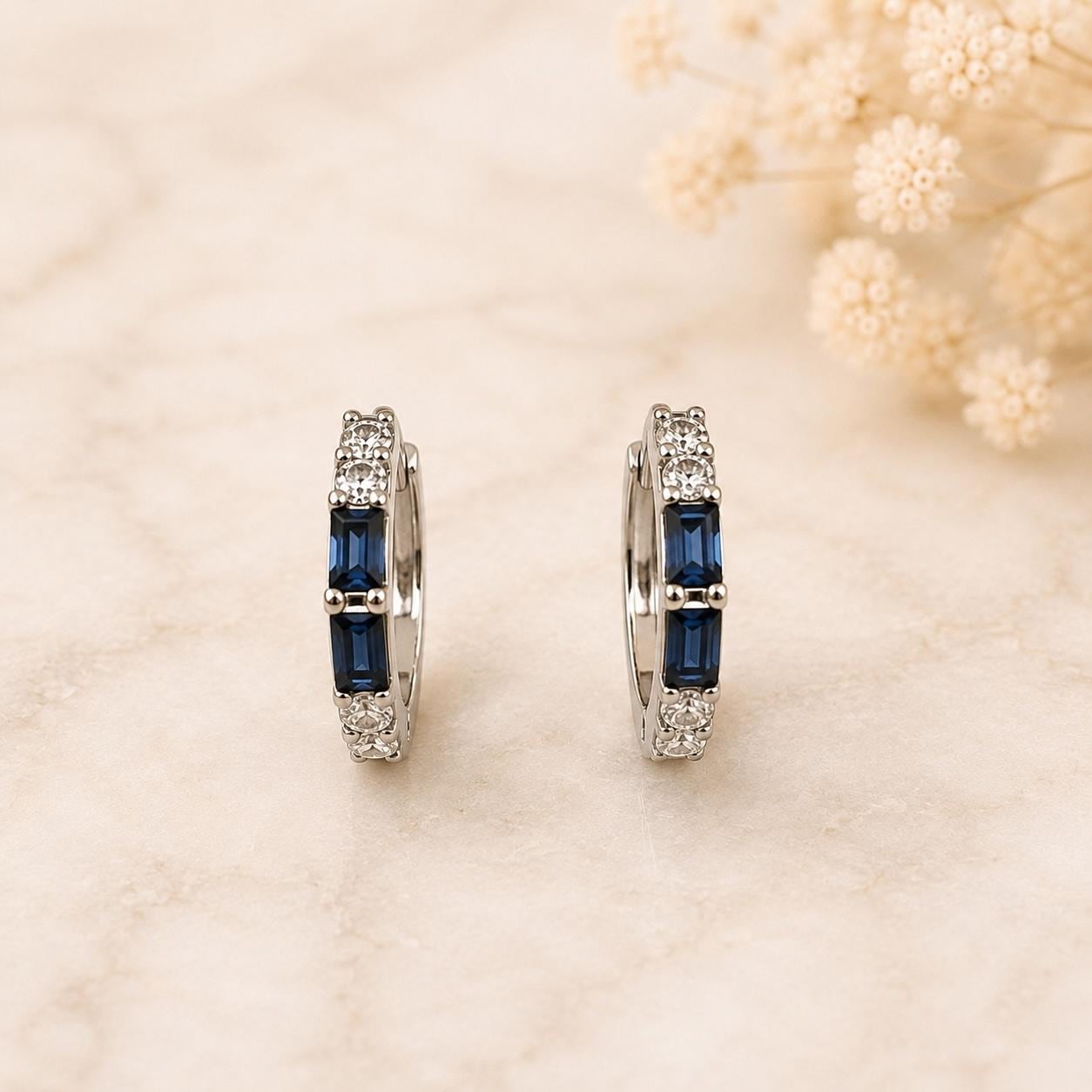 Natural Sapphire Diamond Huggie Hoop Earrings, 14K Solid Gold, Genuine Baguette Sapphire Hoops, September Birthstone Gift