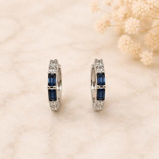 Natural Sapphire Diamond Huggie Hoop Earrings, 14K Solid Gold, Genuine Baguette Sapphire Hoops, September Birthstone Gift