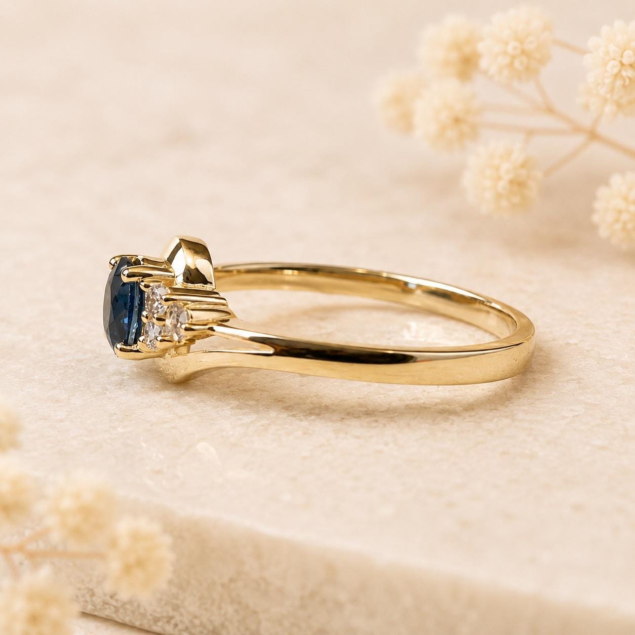 14K Solid Gold Genuine Diamond and Oval Sapphire Ring