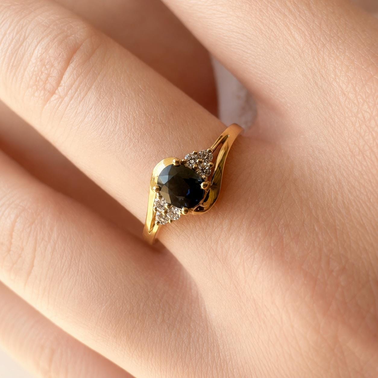 14K Solid Gold Genuine Diamond and Oval Sapphire Ring