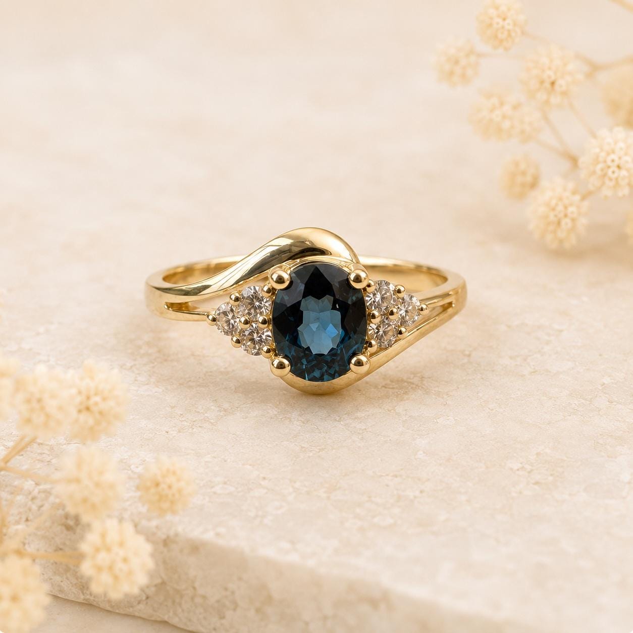 14K Solid Gold Genuine Diamond and Oval Sapphire Ring