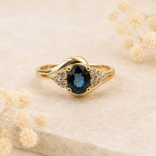 14K Solid Gold Genuine Diamond and Oval Sapphire Ring