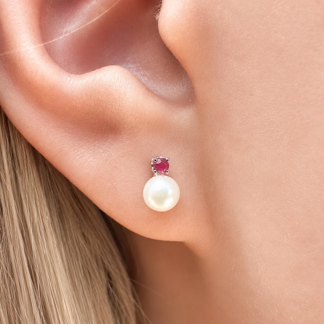 14K Solid Gold Genuine Akoya Pearl and Ruby Studs/Pair