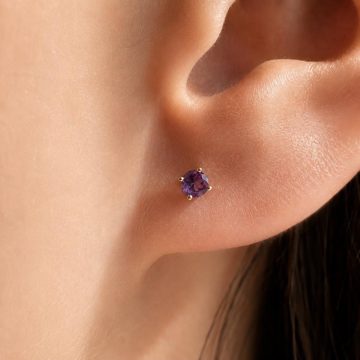 14K Solid Gold Genuine Amethyst 3mm Studs/Pair