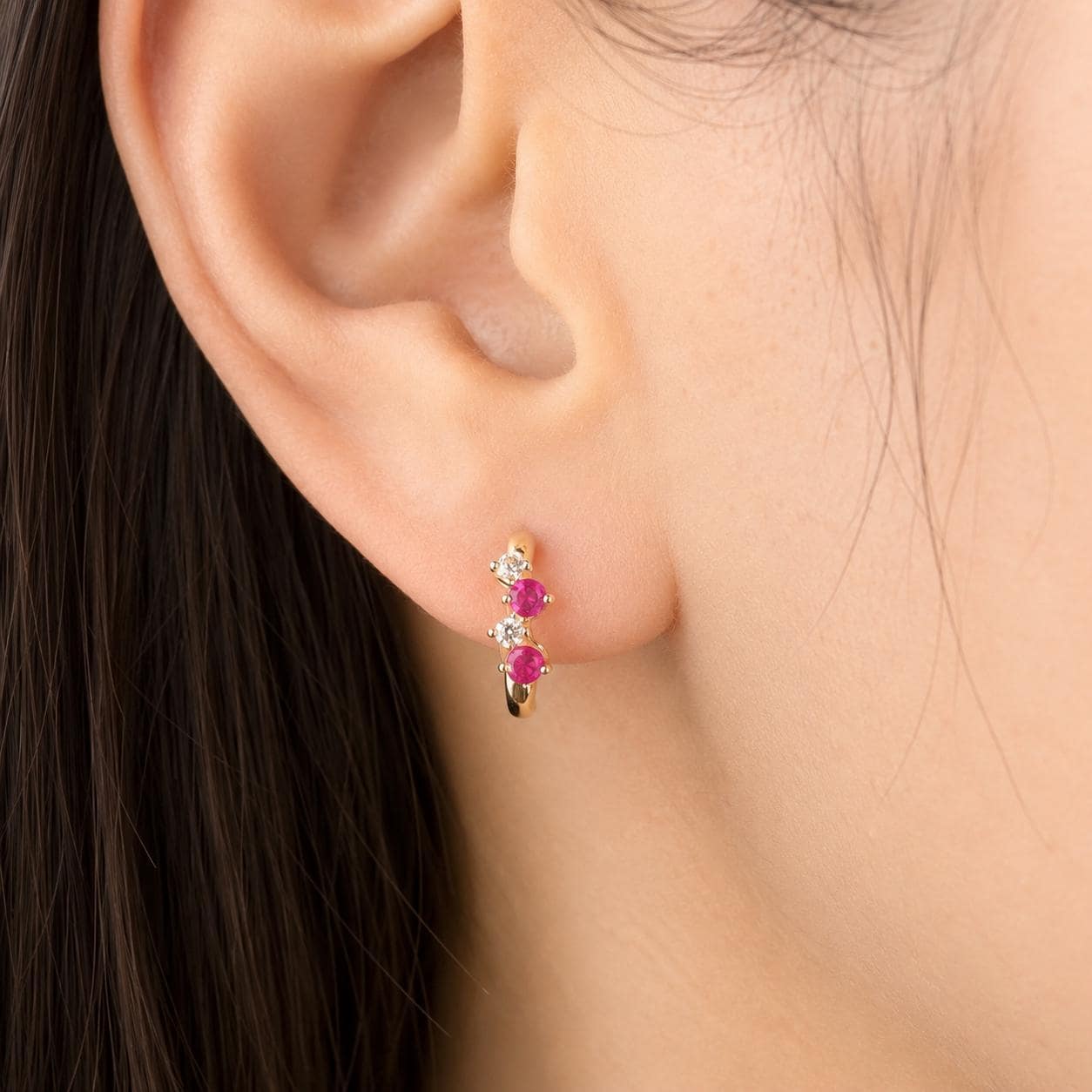 Ruby Diamond Huggie Hoops, 14K Solid Gold Genuine Ruby Earrings, White or Yellow Gold, July Birthstone Gift for Her