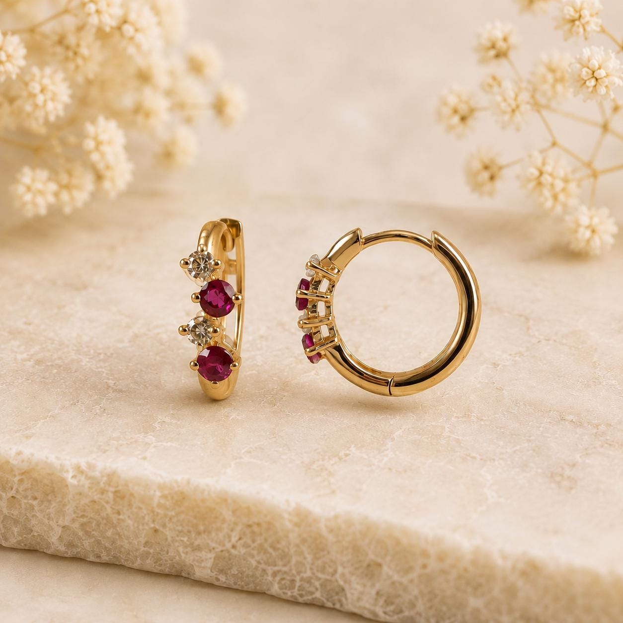 Ruby Diamond Huggie Hoops, 14K Solid Gold Genuine Ruby Earrings, White or Yellow Gold, July Birthstone Gift for Her