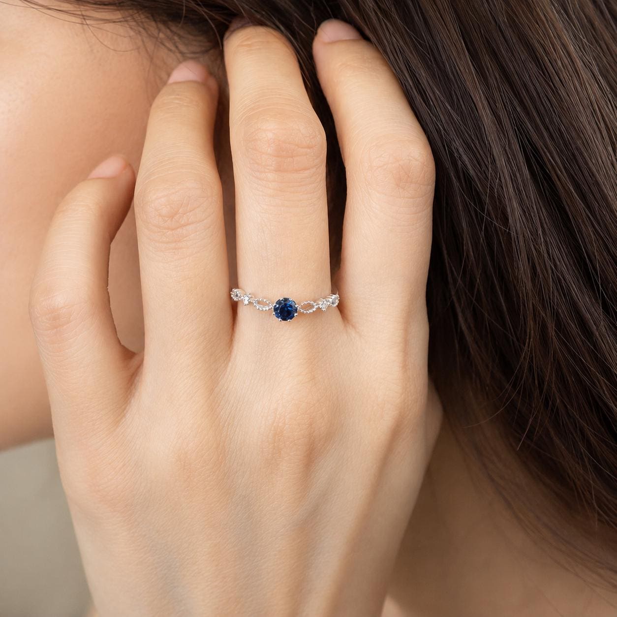Sapphire Diamond Ring, 18K Solid White Gold Beaded Ring, Genuine Blue Sapphire Engagement Ring, September Birthstone Gift