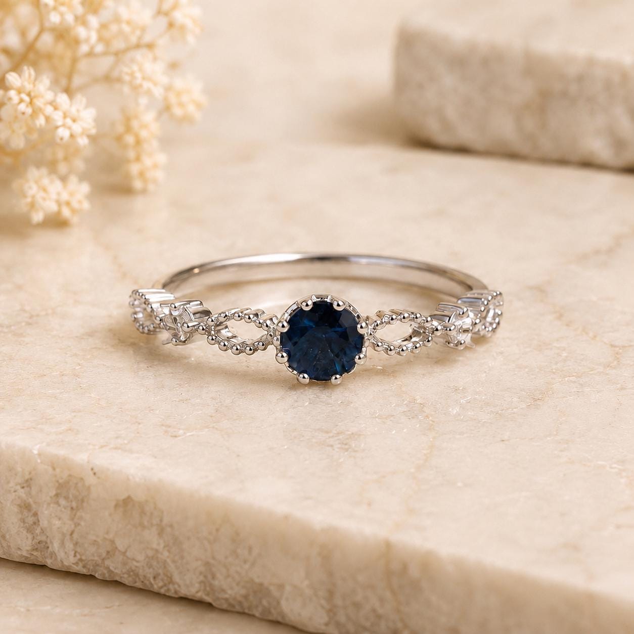 Sapphire Diamond Ring, 18K Solid White Gold Beaded Ring, Genuine Blue Sapphire Engagement Ring, September Birthstone Gift