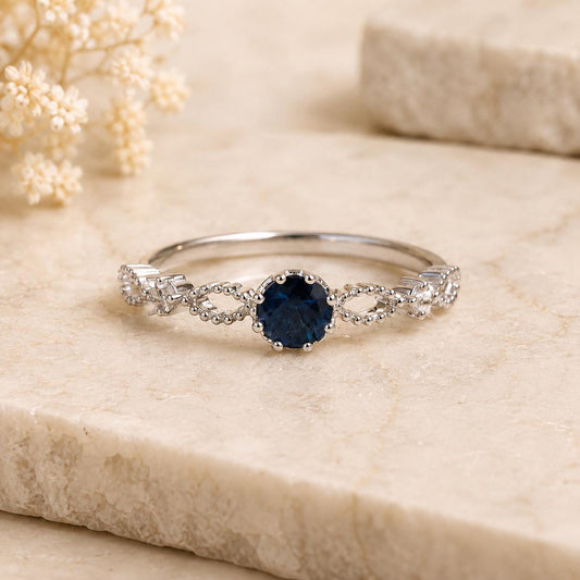 Sapphire Diamond Ring, 18K Solid White Gold Beaded Ring, Genuine Blue Sapphire Engagement Ring, September Birthstone Gift