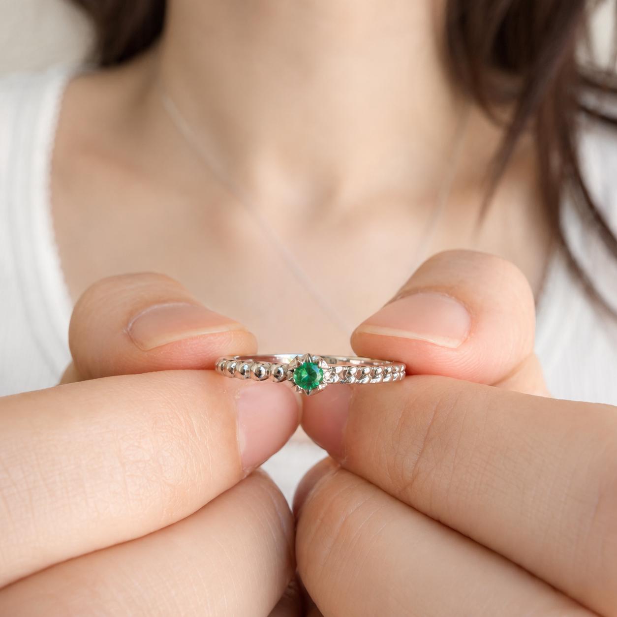 Emerald Ring, 18K Solid White Gold Beaded Twist Band, Genuine Natural Emerald Ring, May Birthstone Gift for Her