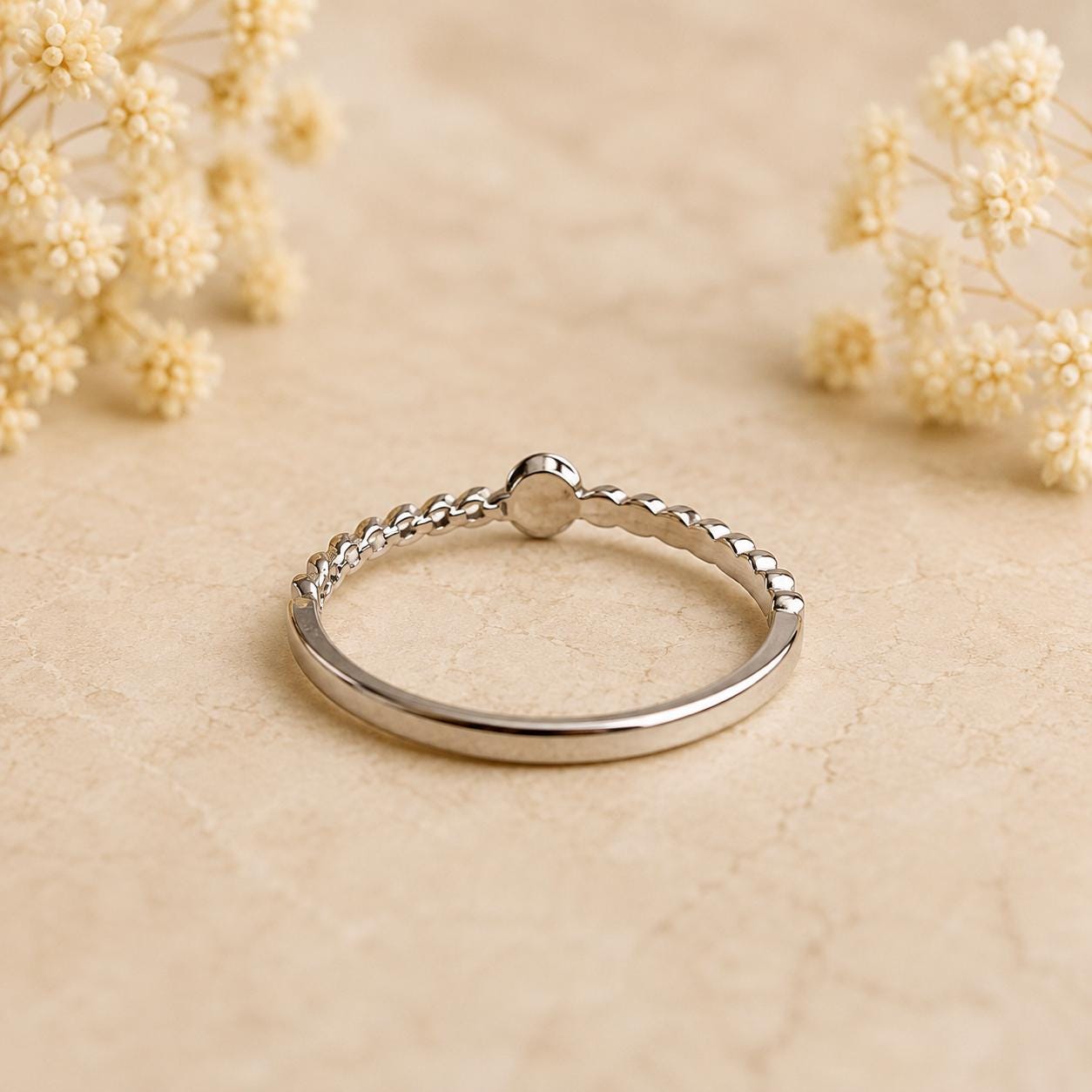 Emerald Ring, 18K Solid White Gold Beaded Twist Band, Genuine Natural Emerald Ring, May Birthstone Gift for Her