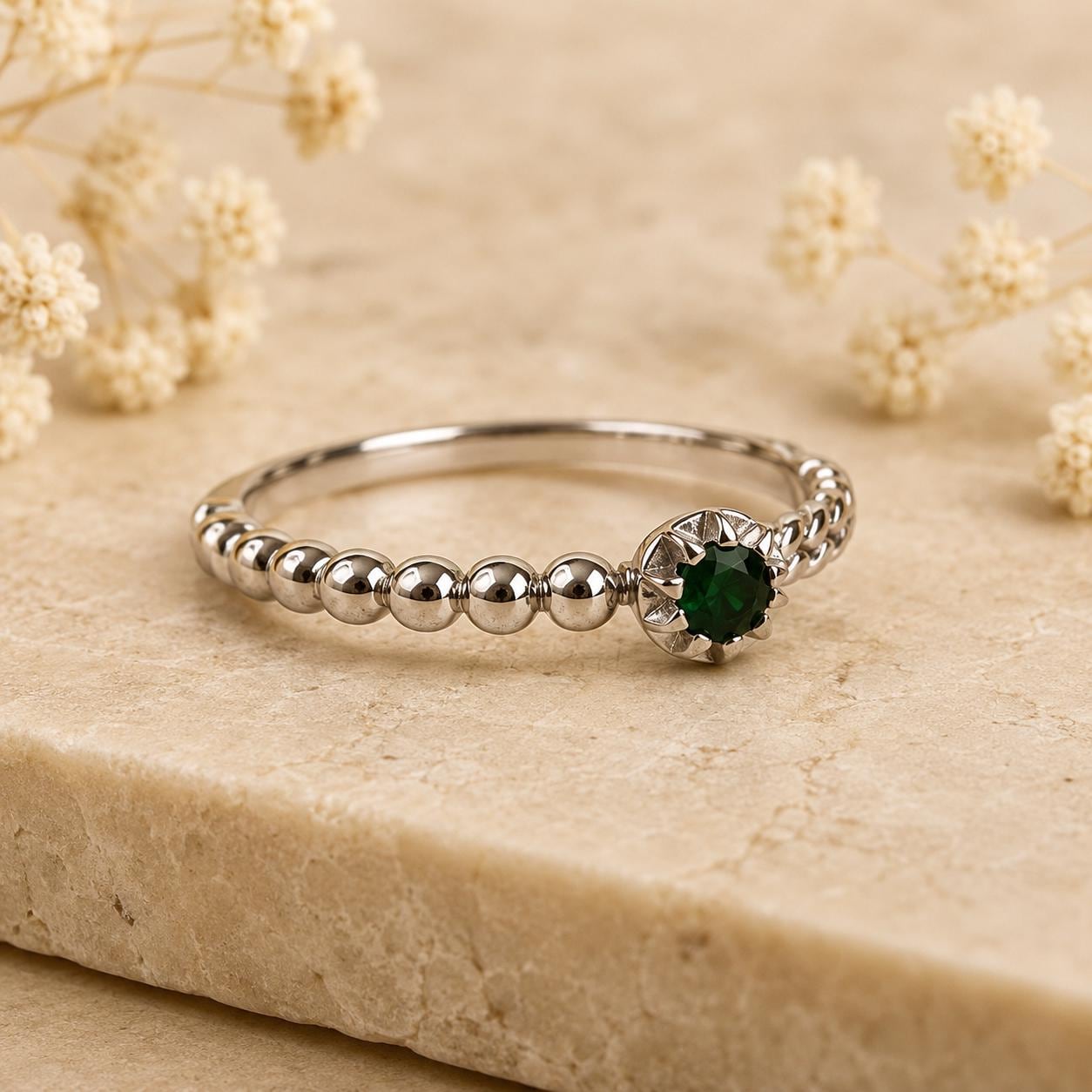 Emerald Ring, 18K Solid White Gold Beaded Twist Band, Genuine Natural Emerald Ring, May Birthstone Gift for Her