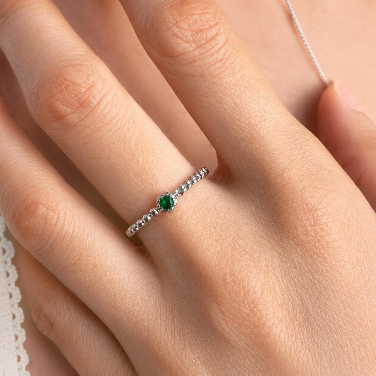Emerald Ring, 18K Solid White Gold Beaded Twist Band, Genuine Natural Emerald Ring, May Birthstone Gift for Her