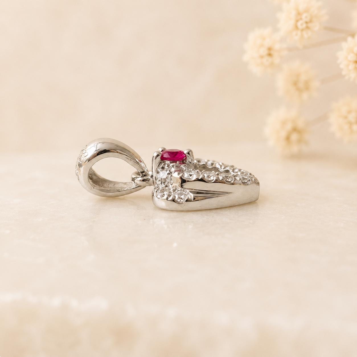 Ruby Diamond Heart Pendant, 18K White Gold Genuine Ruby Necklace Charm, Diamond Halo Heart, July Birthstone Gift for Her