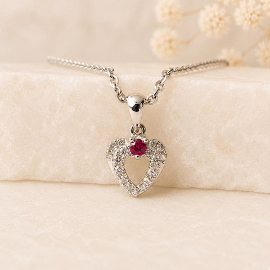 Ruby Diamond Heart Pendant, 18K White Gold Genuine Ruby Necklace Charm, Diamond Halo Heart, July Birthstone Gift for Her
