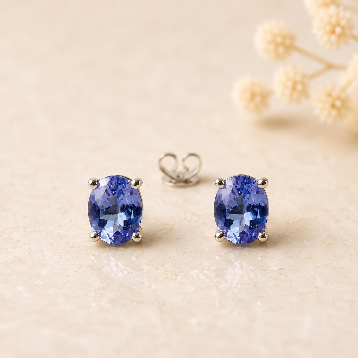 14K Solid Gold Genuine Tanzanite 3mm x 4mm Oval Studs/Pair