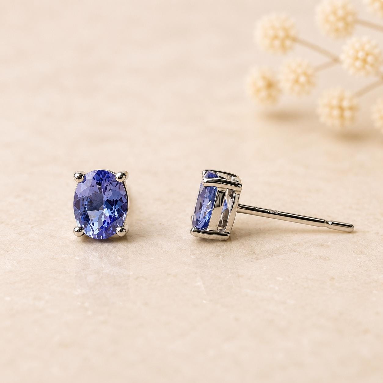 14K Solid Gold Genuine Tanzanite 3mm x 4mm Oval Studs/Pair