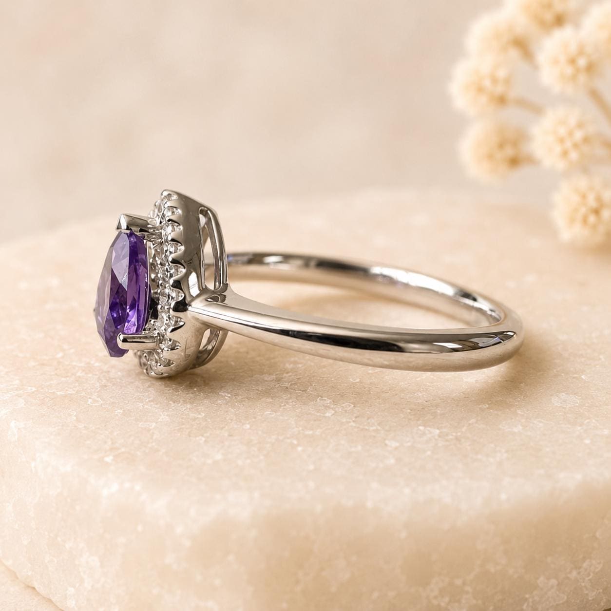 Amethyst Diamond Ring, 14K Solid White Gold Halo Engagement Ring, Genuine Pear Amethyst Ring, February Birthstone Gift for Her