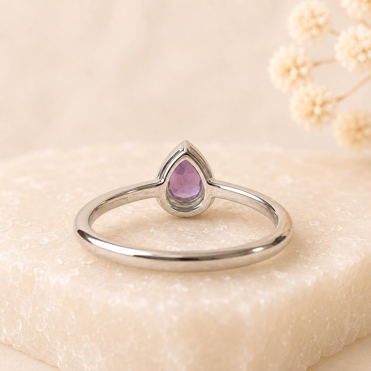 Amethyst Diamond Ring, 14K Solid White Gold Halo Engagement Ring, Genuine Pear Amethyst Ring, February Birthstone Gift for Her
