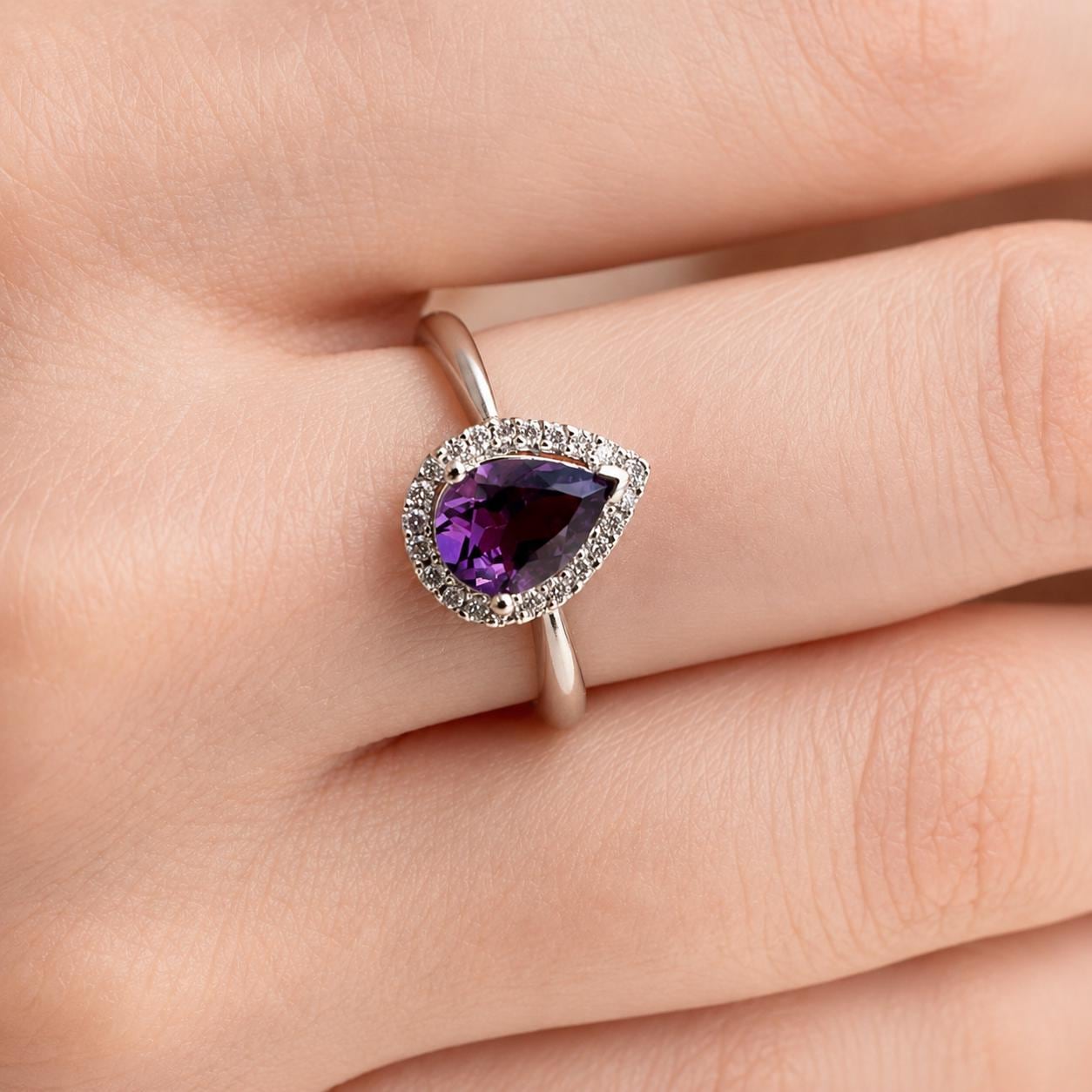 Amethyst Diamond Ring, 14K Solid White Gold Halo Engagement Ring, Genuine Pear Amethyst Ring, February Birthstone Gift for Her