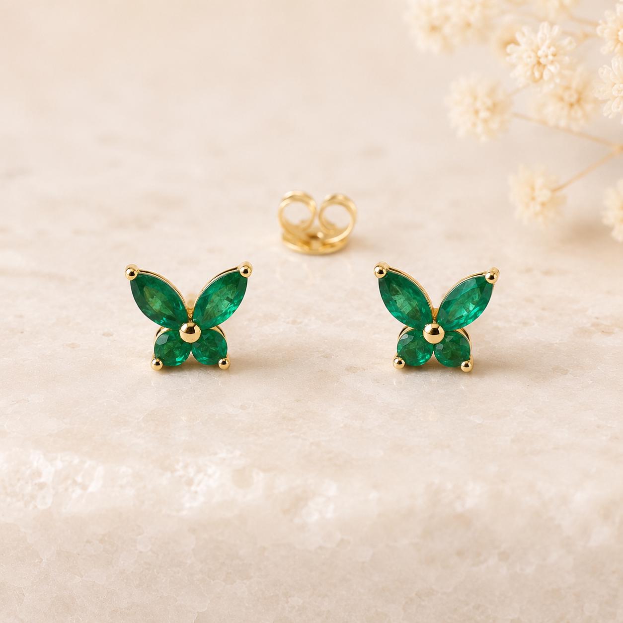 14K Solid Gold Genuine Emerald Butterfly Studs/Pair